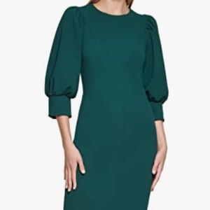 Calvin Klein Green Crepe Crew Neck Short Puff Sleeve Seamed Sheath Dress